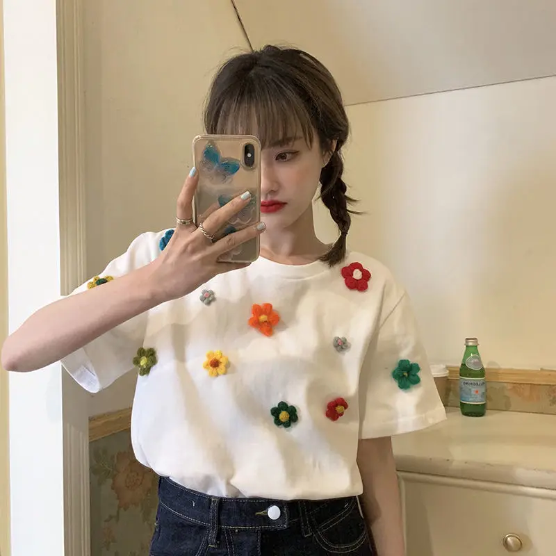 Knitting Flowers T-shirt 2024 New Women Fashion Sweet T Shirt Students Casual Loose Tee Top Female Short Sleeves T-shirt 3XL