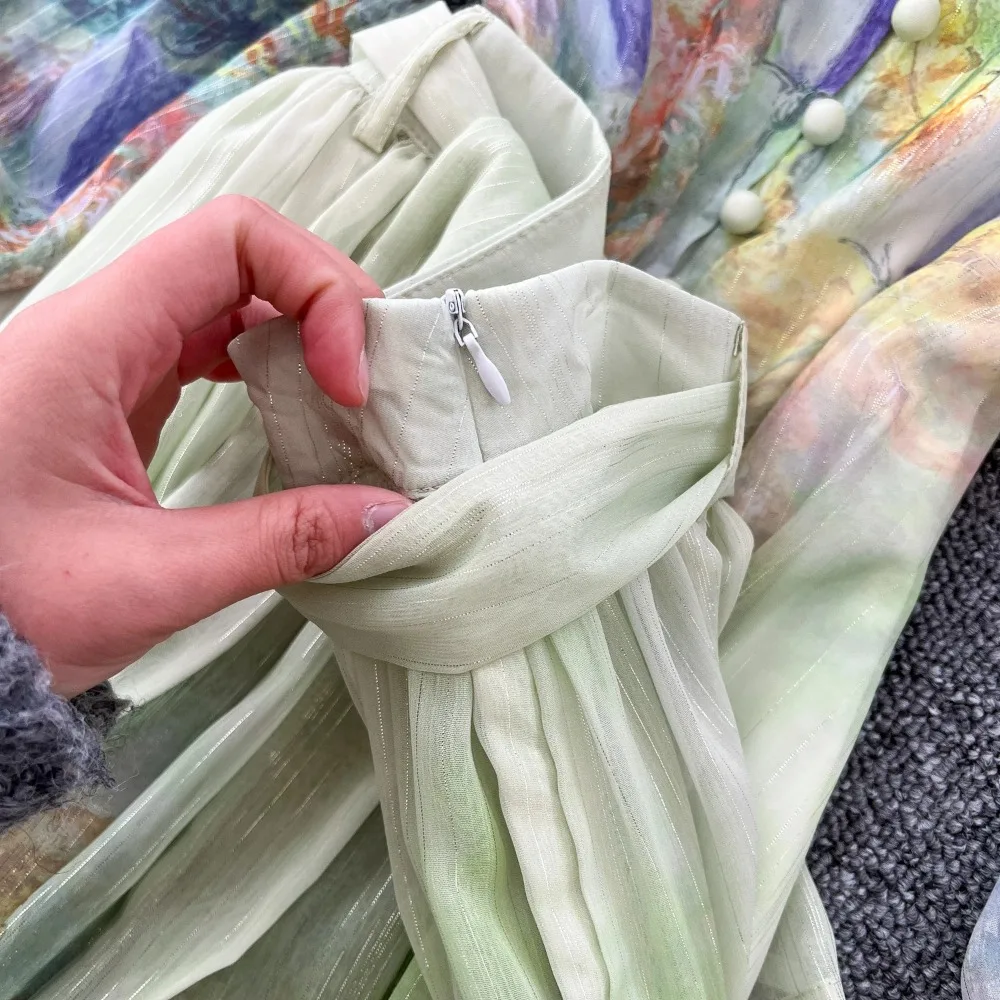 Abito da donna sexy in chiffon con stampa vintage, manica svasata, monopetto, scollo a V, elegante abito lungo slim a maniche lunghe