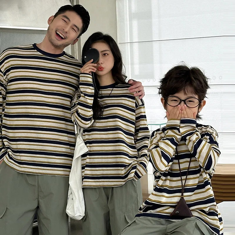 Family Matching Outfits Mother Kids Resort Family Look New Spring  Striped Crew Neck Bottoming Shirt Long Sleeve Cotton T-shirt