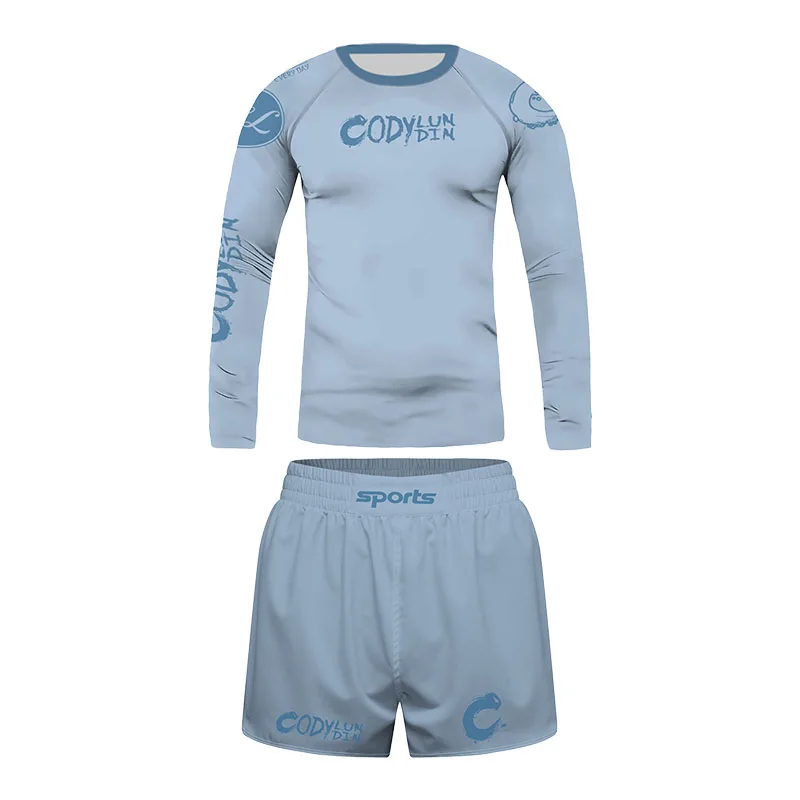 Codylundin Light Blue Kids 4Pcs Rashguard Set 4-12Y, Compression Shirt Pants Shorts, Wrestling BJJ Training Suit