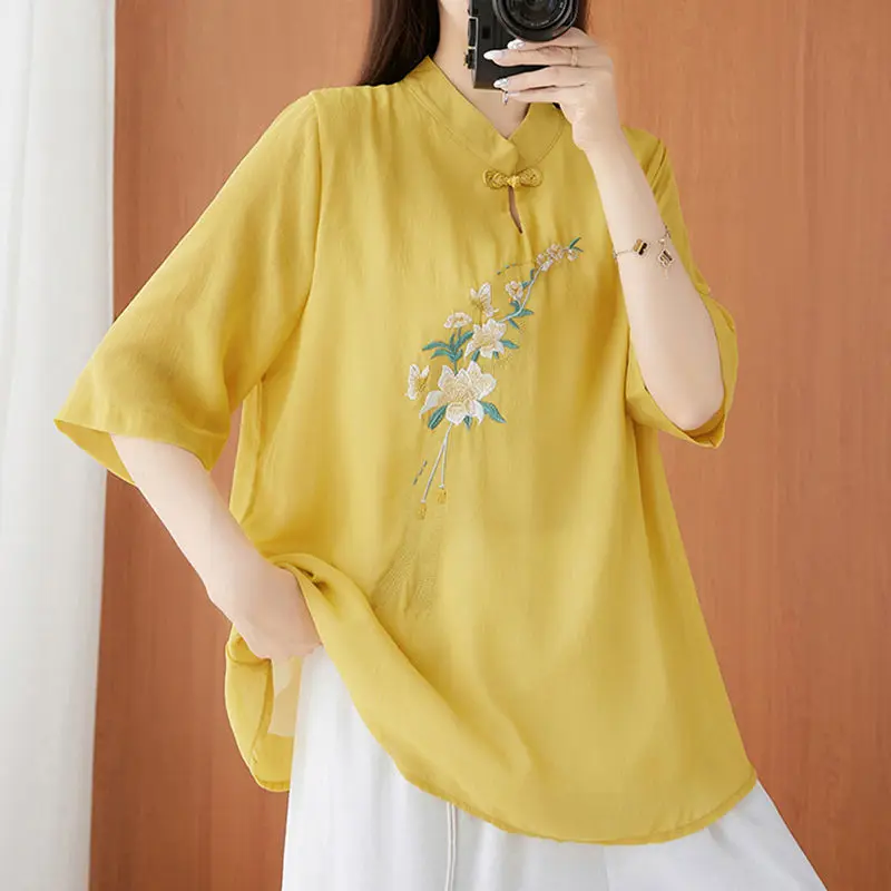 2025 Summer Cotton and Linen Women's Tops Loose Thin Stand Collar Embroidered Shirt Tea Clothing Retro Women Blouse