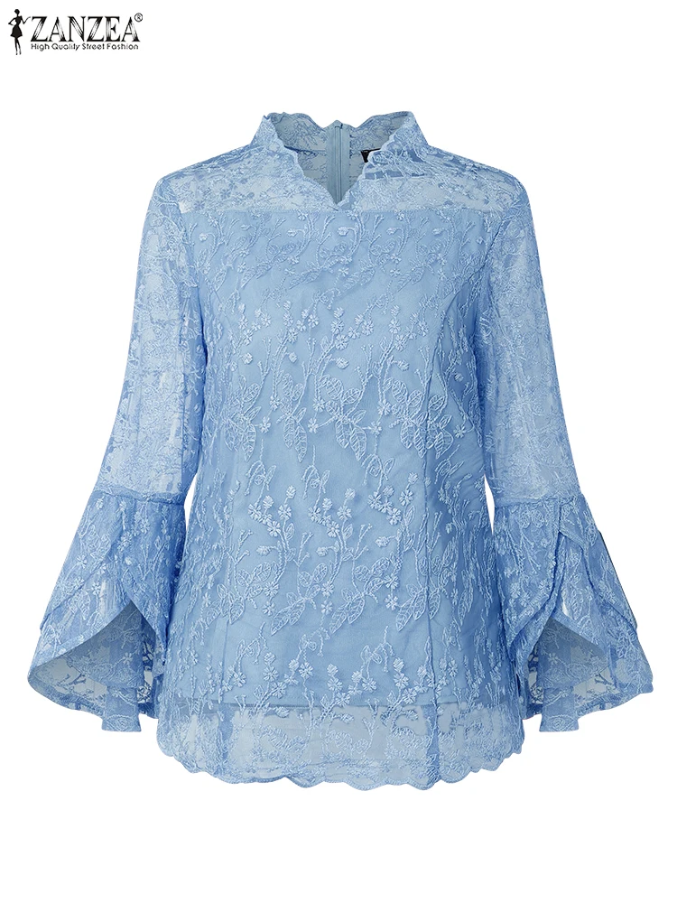 Autumn Blouse Women Hollow Out Lace Blusas Three Quarter Flare Sleeve Tops Stylish Casual Loose V Neck Blusas ZANZEA 2025