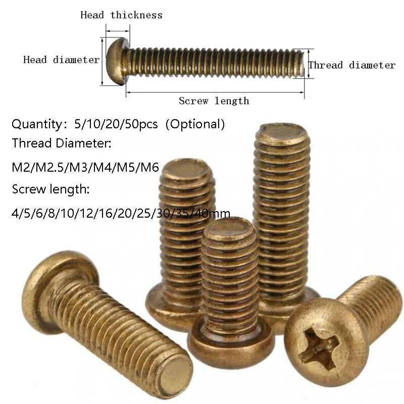 

5/10/20/50pcs Brass Machine Screws Phillips Machine Pan Head Brass Cross Pan Head Screws M2 M2.5 M3 M4 M5 M6