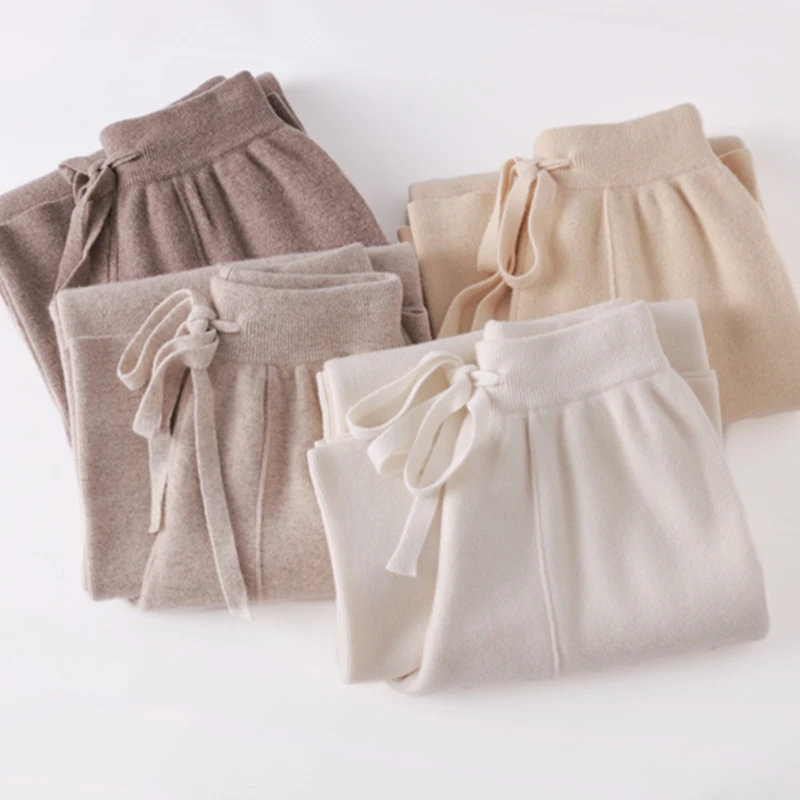 

New Chic Women 100% Merino Wool Trousers Drawstring Autumn Winter Soft Knitted Front-Slit Pants Woman Wool Wide Leg Trousers