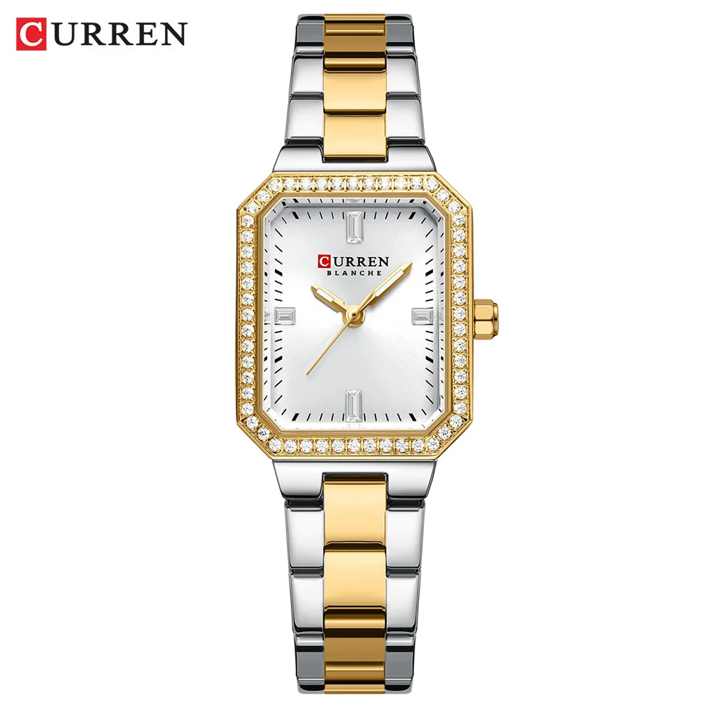 CURREN Luxusmarkenuhren für Damen, schlichtes rechteckiges Zifferblatt mit funkelnden Strasssteinen, lässige Quarz-Armbanduhr mit Leuchtfunktion 8