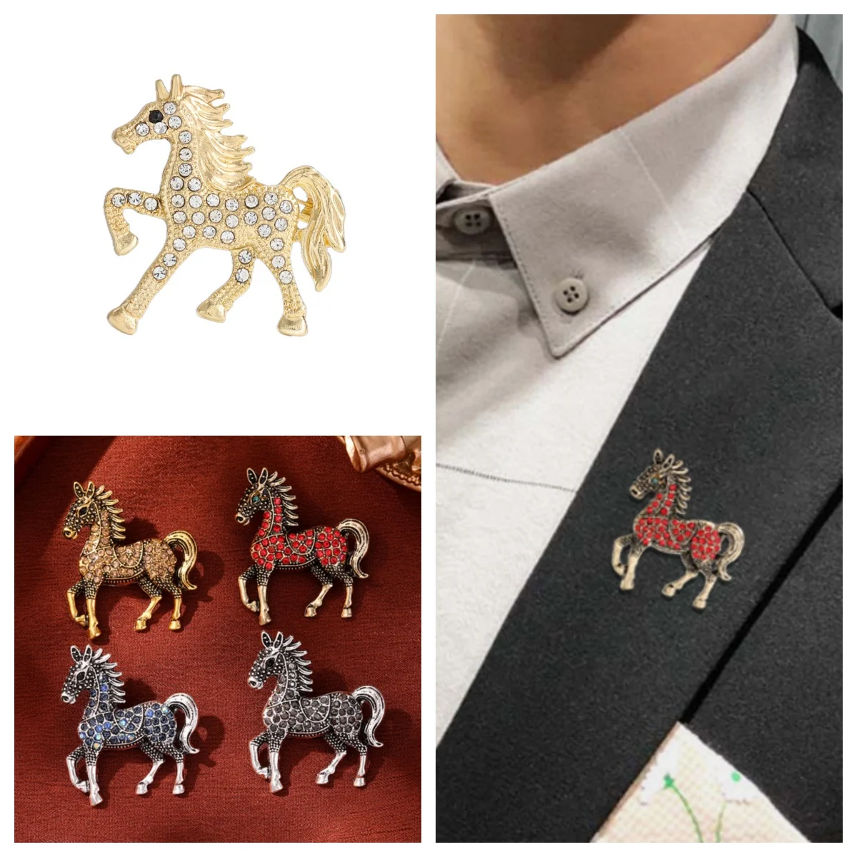 Fashion Rhinestone Horse Brooch For Women Men Zodiac Animal Brooches Lapel Pins Party New Year Jewelry Clothes Accessories