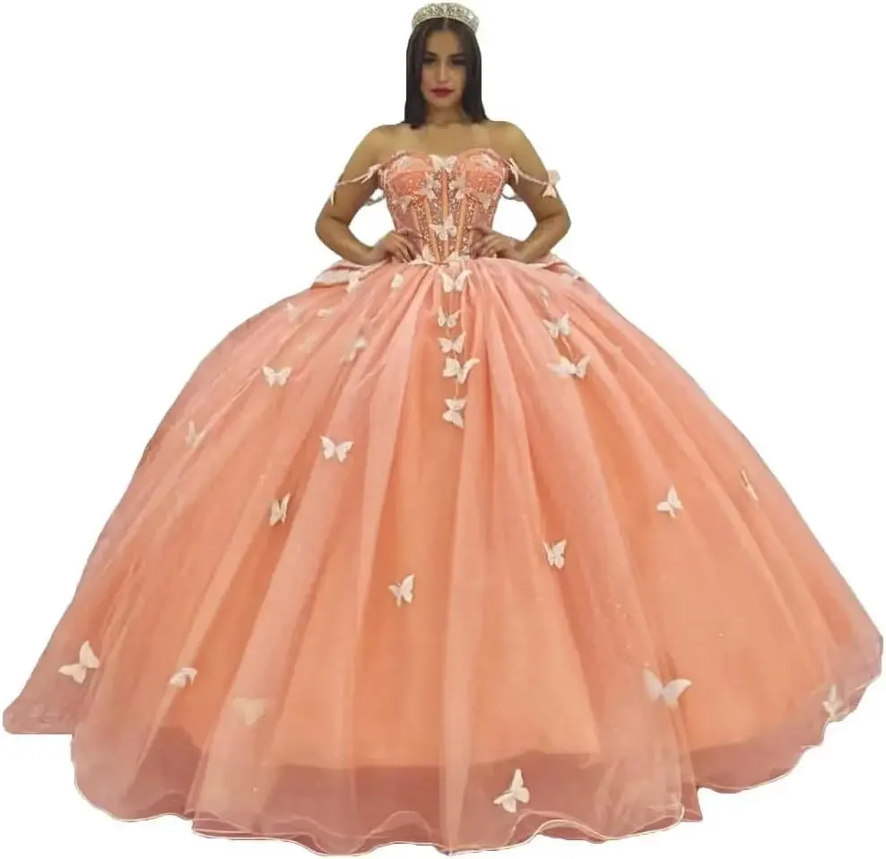 3D-Schmetterlings-Quinceanera-Kleid mit Schleife, Schleppe, Spaghettiträger, süße 15-16-Ballkleider, glitzerndes Vestido de 15 Años