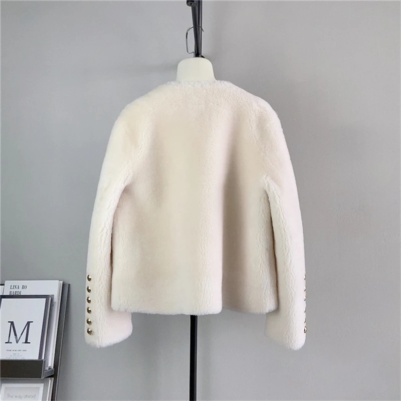 Lady Girl Pure Wool Fall and Winter Buttons Short Round Neck Jacket Female Sheep Shearling New Elegant Warm Coat  PT472