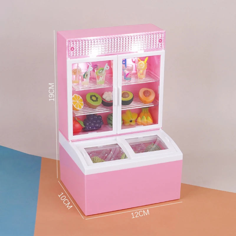 1pcs 1:12 Dollhouse Miniature Beverage Freezer Glowing Supermarket Ice Cream Cabinet Model Decor Toy Doll House Accessories