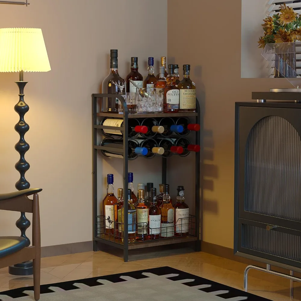 

3-Tier Wine Bar Table: Small Liquor Bottle Holder with 8-Bottle Wine Rack Mini Wine Bar Cabinet Corner Whiskey Display Shelf Flo