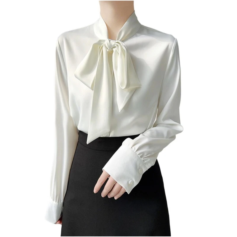 Lace Up Stand Collar Satin Shirts Solid Color Blusa Feminina Long Sleeve Pullover Tops OL Elegant Shirts Femme Korean Blouse 