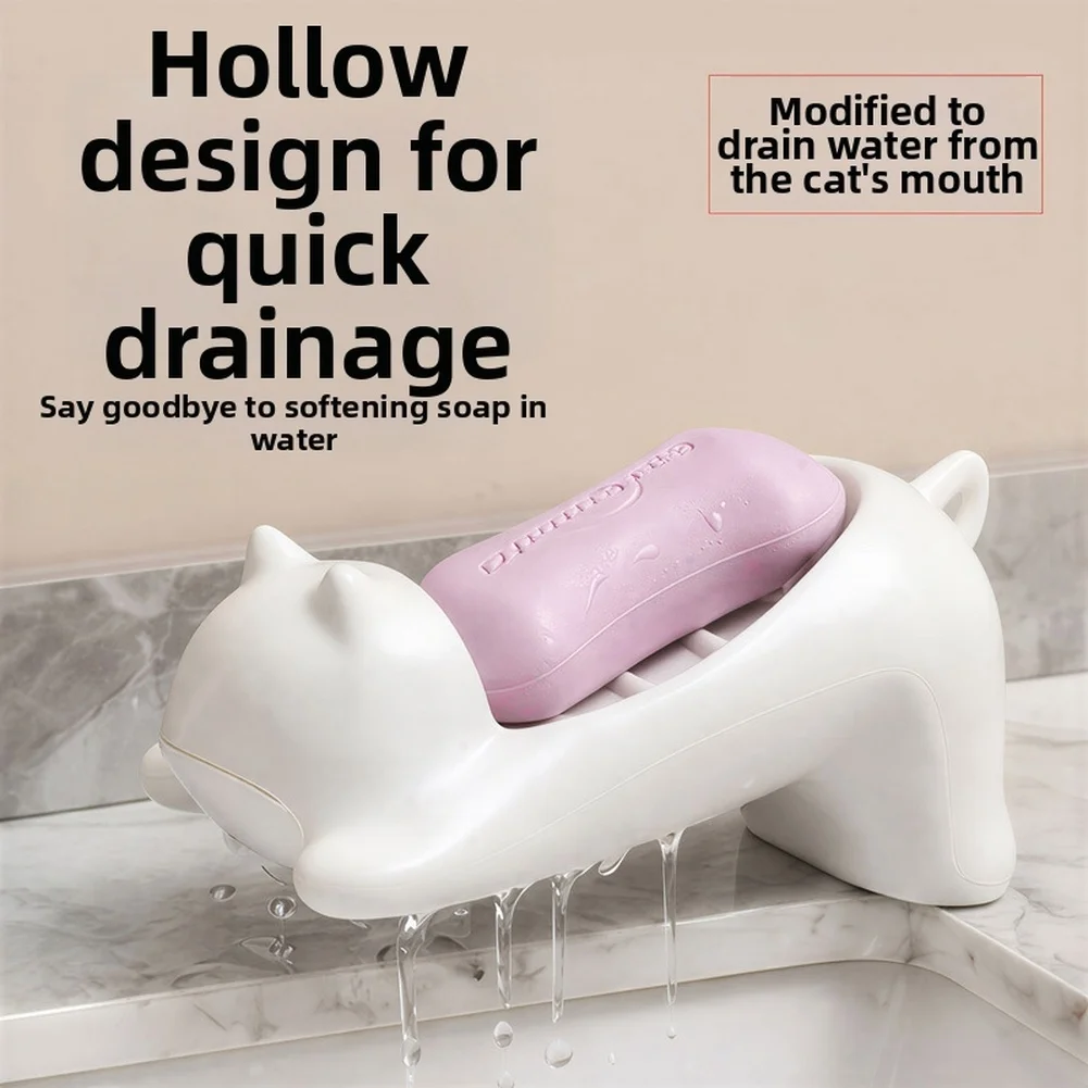 For Bathroom Soap Dish in Cute Cat Shape with Drainage System PP Plastic 16.8x10x8cm White Holder for Standard Soap