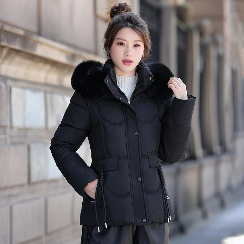 

Women's Parkas Fur Collar Winter New Thick Cold-resistant Cotton Padded Jackets Korean Slim Pockets Drawtring Hooded Short Coats