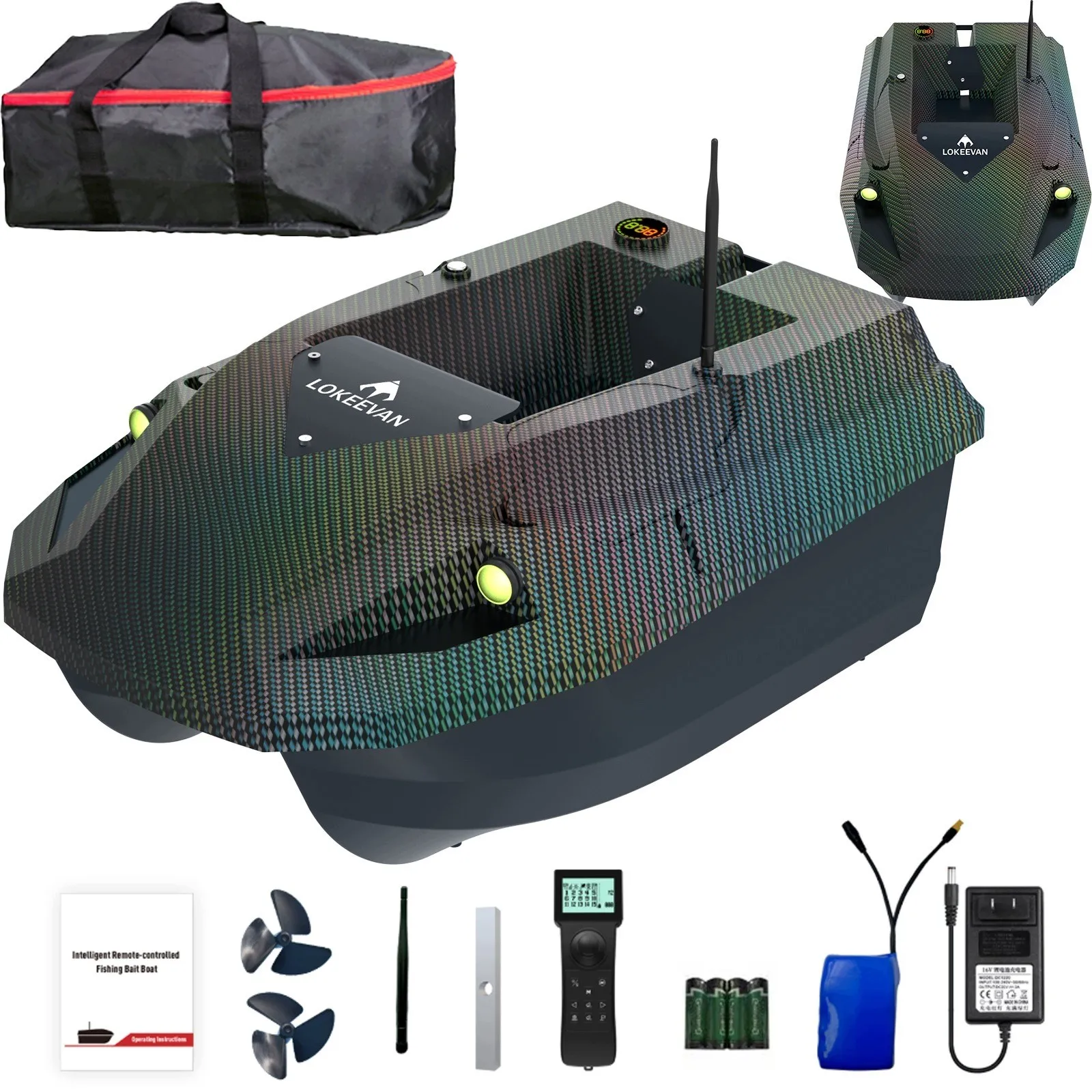 D50E RC Köderboot mit Sonar für Temperatur/Tiefe, 15600x2mAh Batterien und Dual-BeiDou-GPS-System, Angelköderboot, verfügt über eine 12V-Stromversorgung, 100 Wegpunkte, automatische Rückkehr für