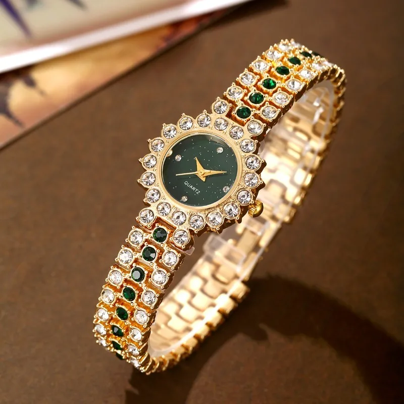 5pcs/set Women's Watch Luxury Rhinestone Gold Bracelet Watch Exquisite Small Round Flowers Dial Ladies Wristwatch Gifts