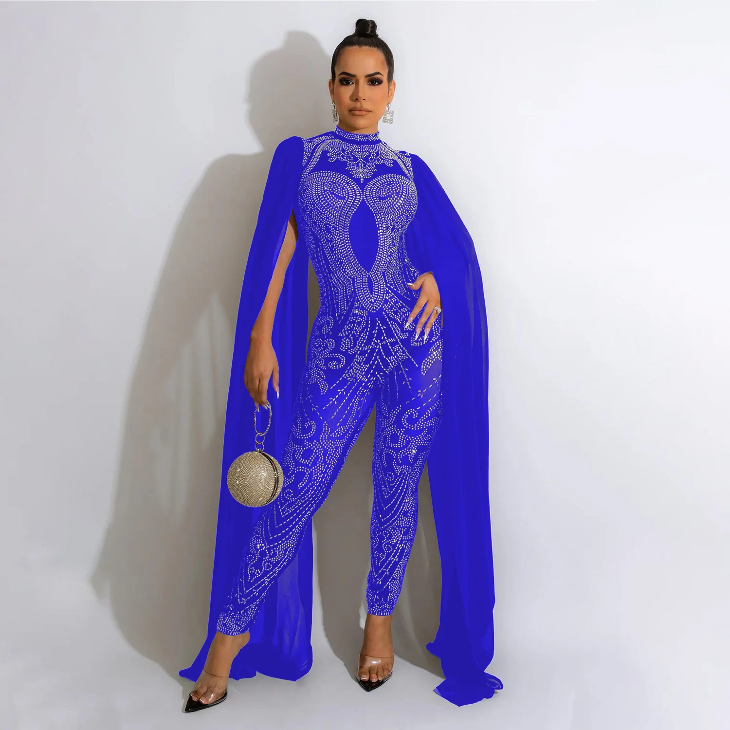 Shawl sleeve mesh crystal jumpsuit Women's jumpsuit Luxury transparent sequins Party jumpsuit Birthday set prom dresses