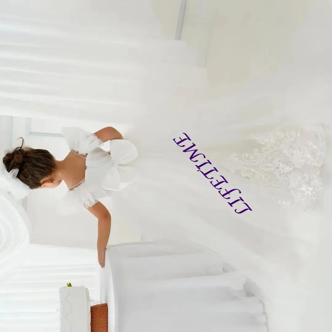 Sukienki dla dziewczynek na wesele z aplikacjami, tiulowe, z kokardą, do ziemi, księżniczka, druhna, sukienka na Pierwszą Komunię Świętą, na zamówienie, białe.