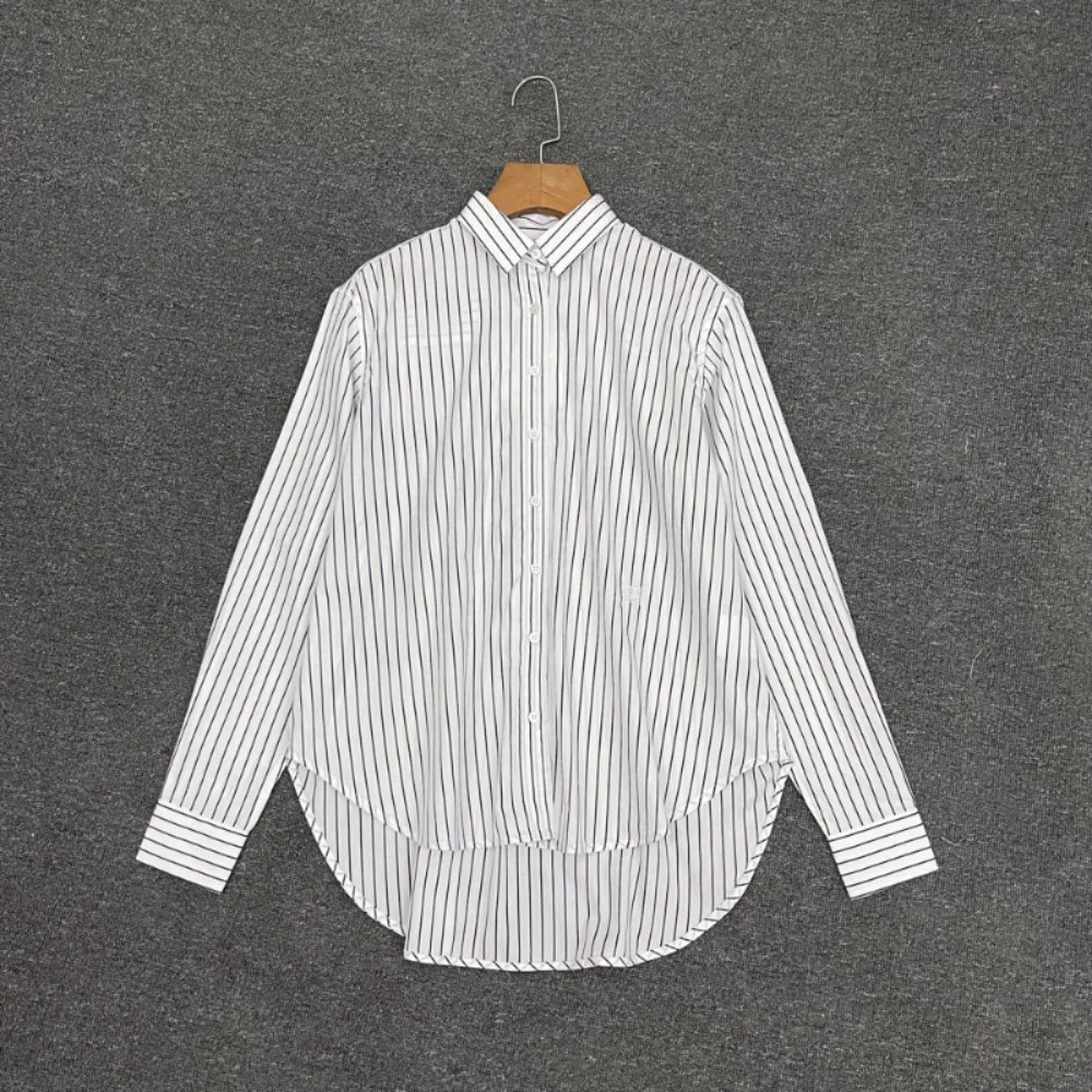 

Новинка ранней весны: простая повседневная женская рубашка с отложным воротником, длинными рукавами, из чистого хлопка, свободного кроя, в полоску.