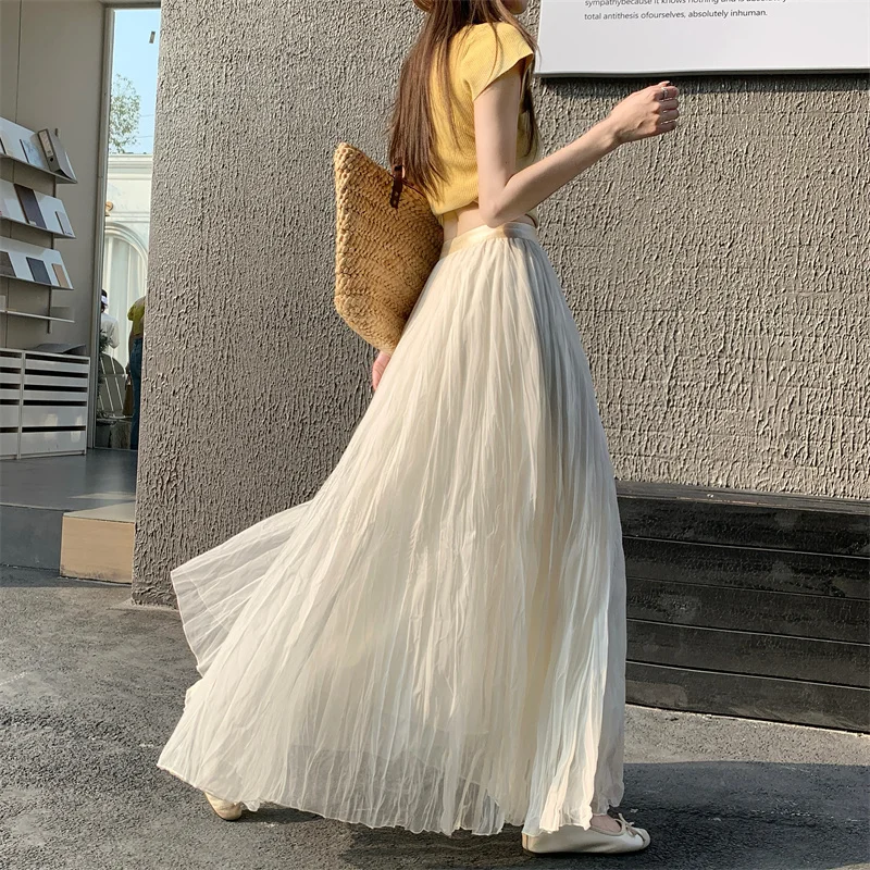 Yellow Lace Pleated Half Skirt Women's Base Layer Skirt High Waist Slimming Drapey A-Line Large Swing Umbrella Long Skirt