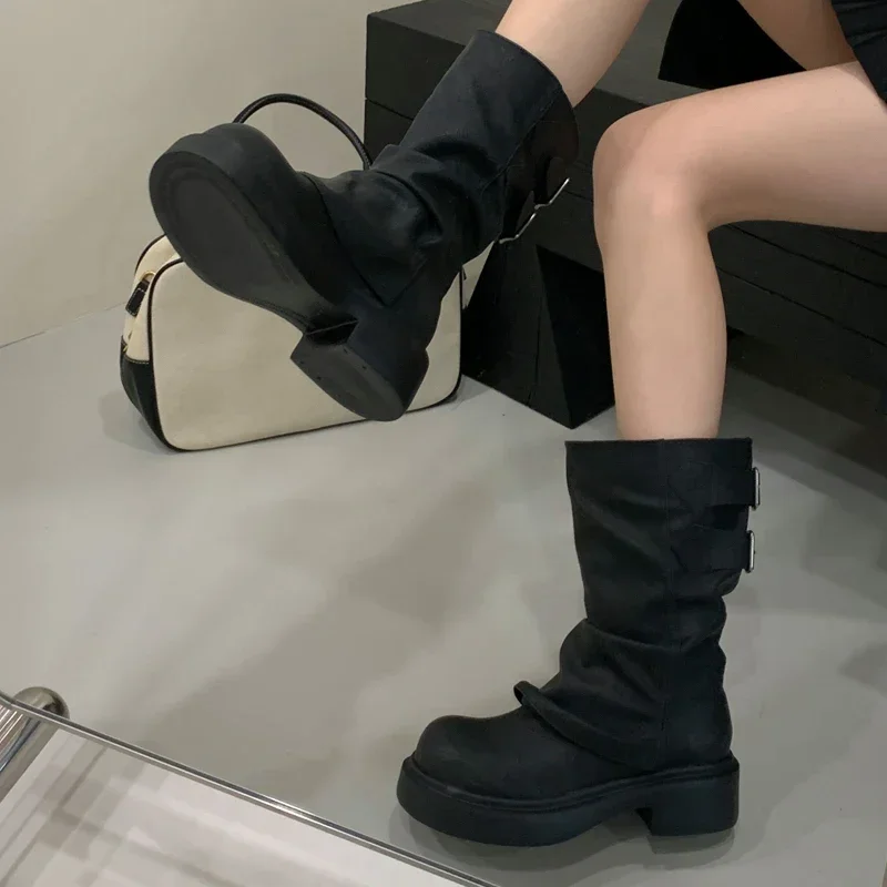 

Aneikeh/Новые модные женские ботильоны с пряжкой и ремешком в стиле панк, женская обувь на низком квадратном каблуке с круглым носком