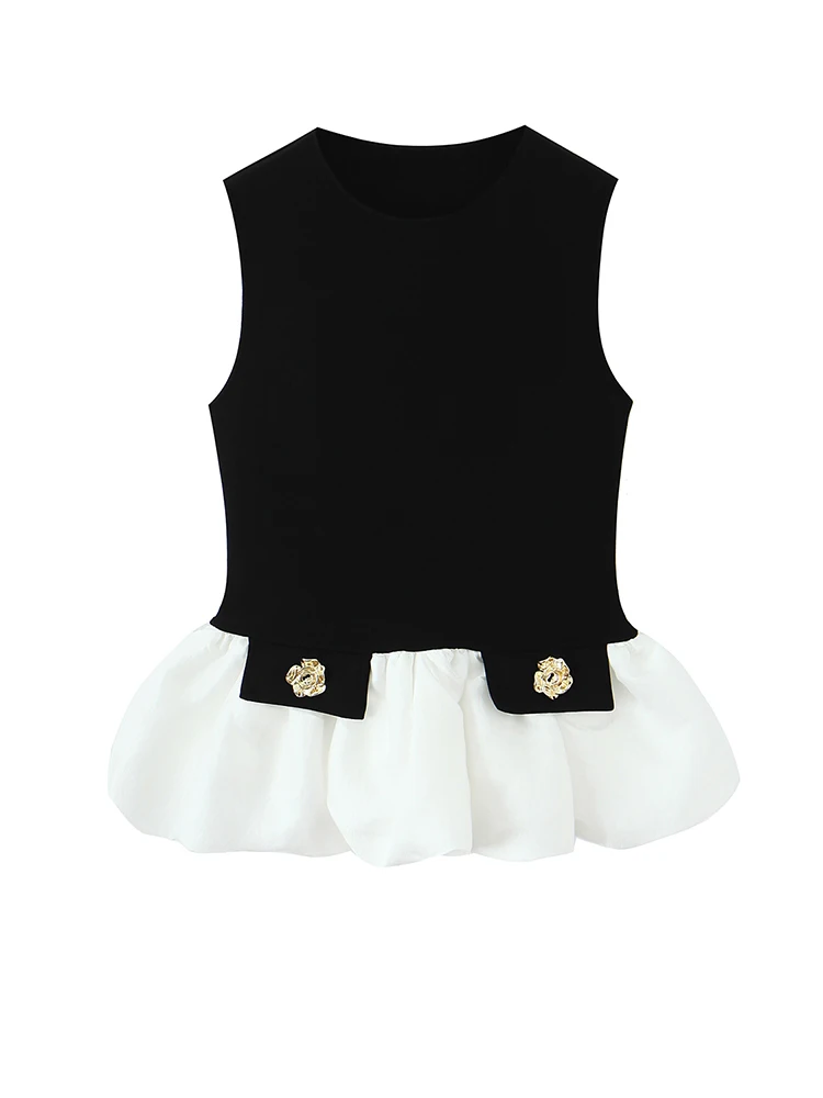 

Женские черные топы без рукавов с белыми оборками и подолом, эластичные тонкие блузки, рубашки