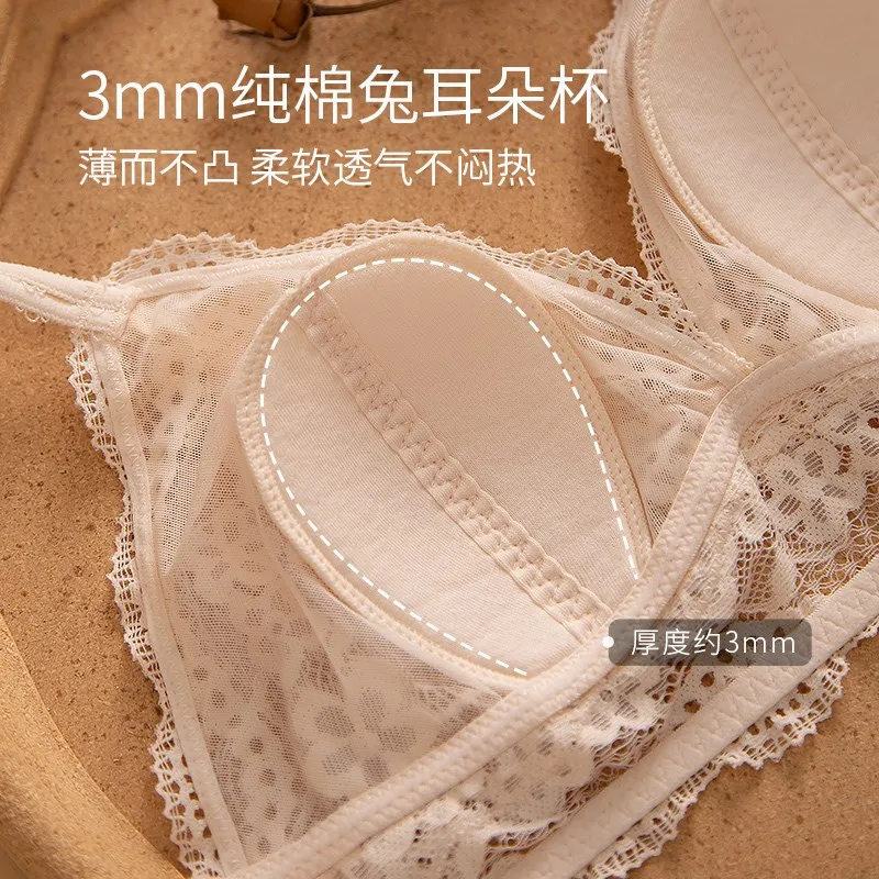 Summer Thin Women's French Triangle Cup Without Steel Ring Pure Desire Small Chest Lace Large Chest Show Small Bra Set