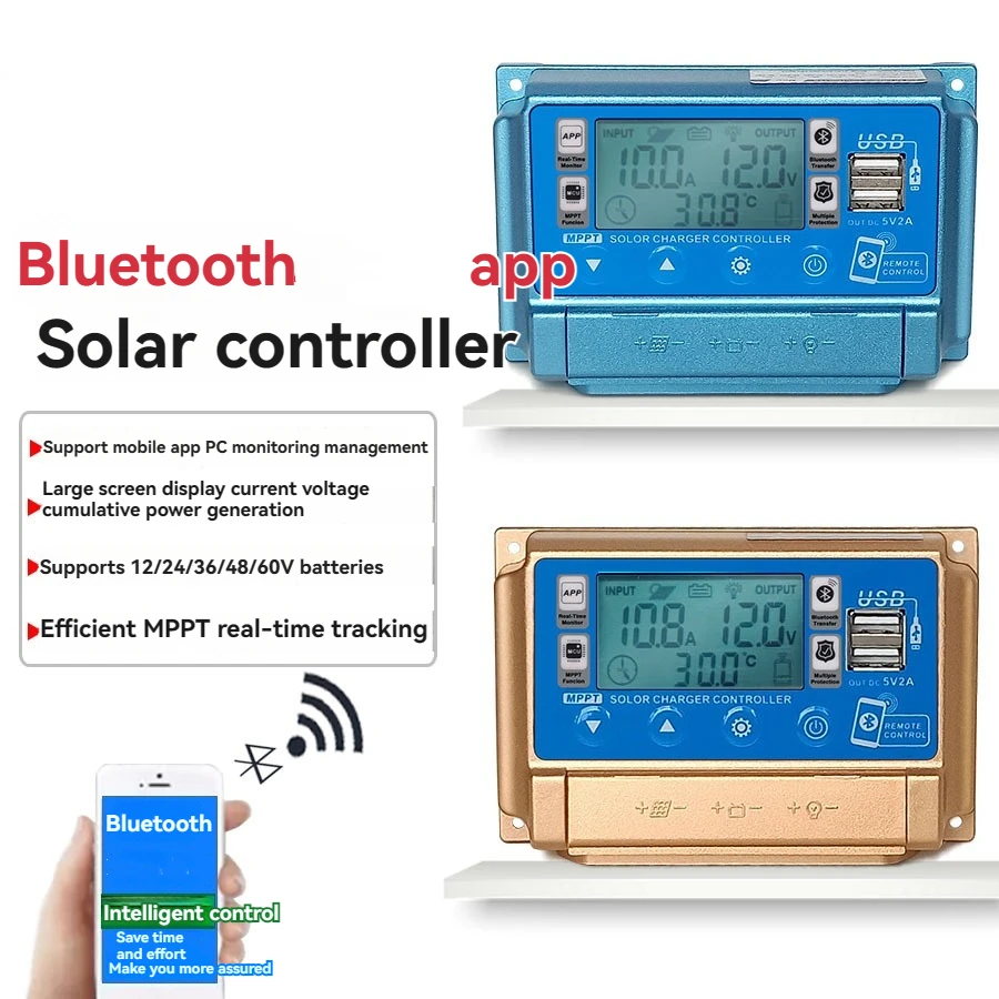 

30A/40A/50A/60A LCD Display MPPT Solar Controller 12V/24V Bluetooth Smart Regulator Controller Dual USB 5V Output Controller