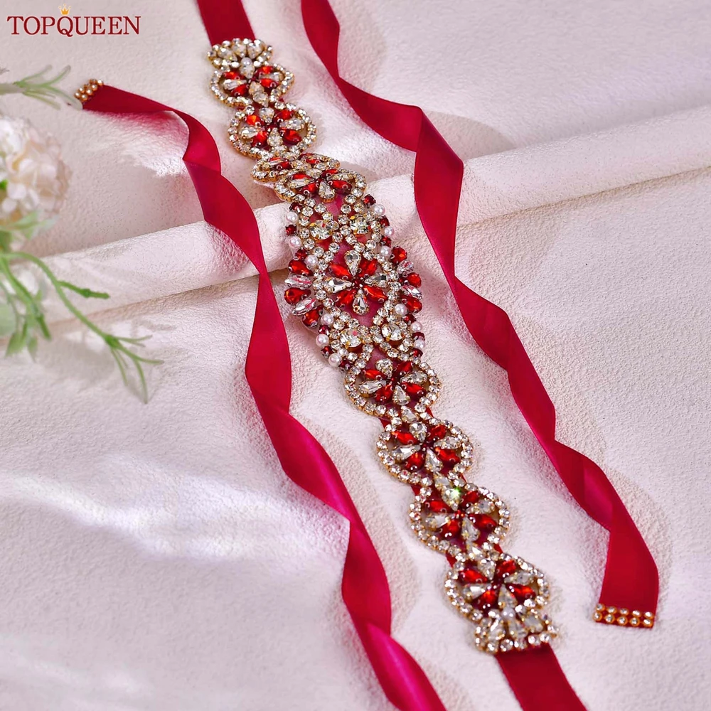 TOPQUEEN-Cinturón de boda de cristal con piedras preciosas rojas, faja de lujo hecha a mano con diamantes de imitación para mujer, vestidos de graduación color Burdeos, accesorios de cintura S161