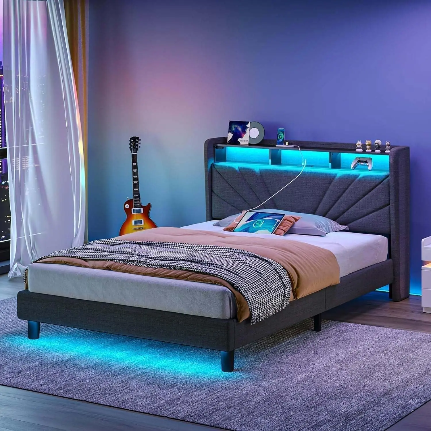 

Twin Size Bed Frame, Storage Headboard with Charging Station and LED Lights, Upholstered Bed with