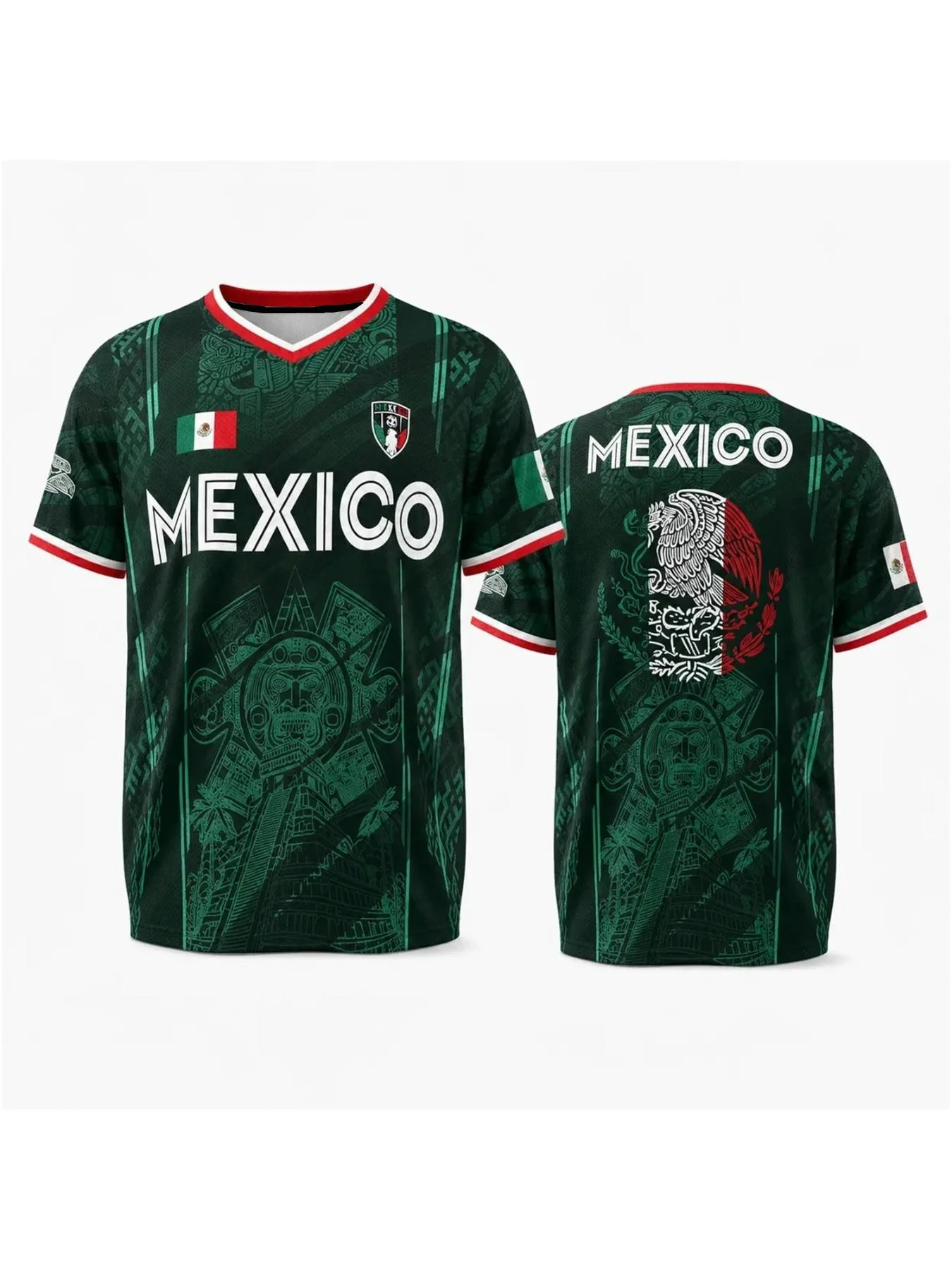 Mexico Aztec Pyramid Graphic Training Jersey Men, Breathable Quick‑Dry V‑Neck Tee, Ethnic Streetwear Top for Football Vacation
