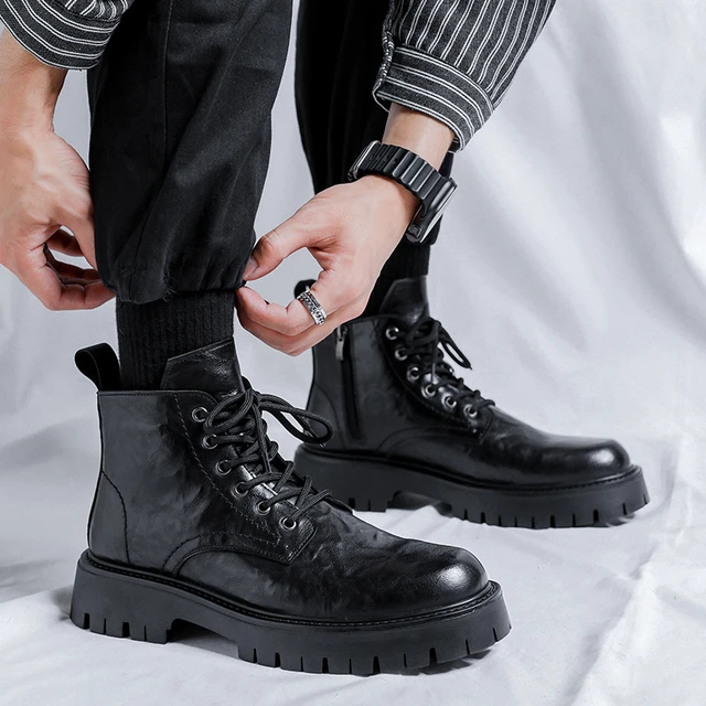 Men Business Leather Boots Fashion High Top Thick Soled for Men Casual Leather British Style Ankle Boots Men Motorcycle Boots AliExpress