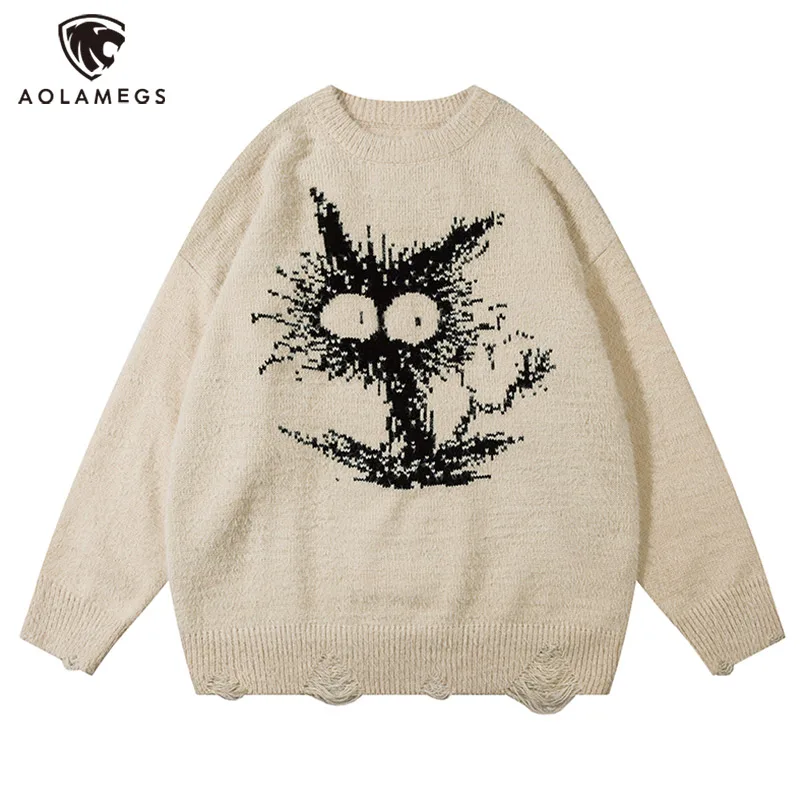 

Aolamegs Men Sweater Funny Cat Knitted Jumper Hip Hop Pullovers Streetwear Harajuku Vintage Casual Couple Knitwear Tops