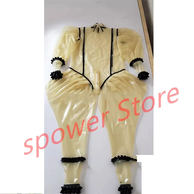 

Handmade Women Latex Catsuit Transparent with Crotch Zip Black Trim Rubber Bodysuit Tight Jumpsuit Customize Cosplay Costumes