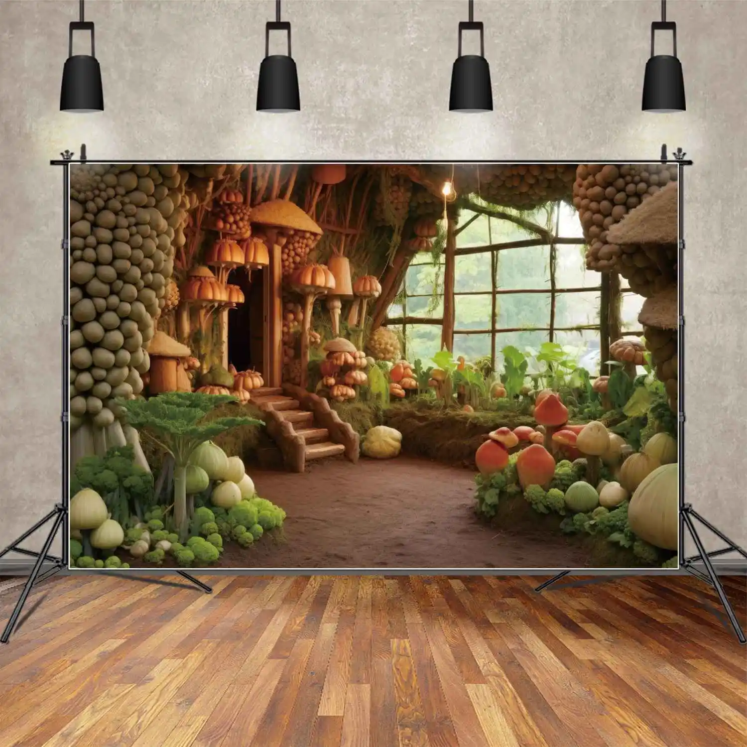 MOON.QG Backdrop Forest Cabin Home Room Birthday Party Photography Background Children's Greenery Mushroom Vegetable Photo Booth