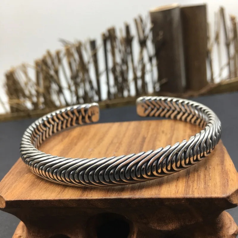 'S S925 Jewelry, Fashionable Hand-Woven Twisted Thai Silver Bracelet, Open Design Both Men An