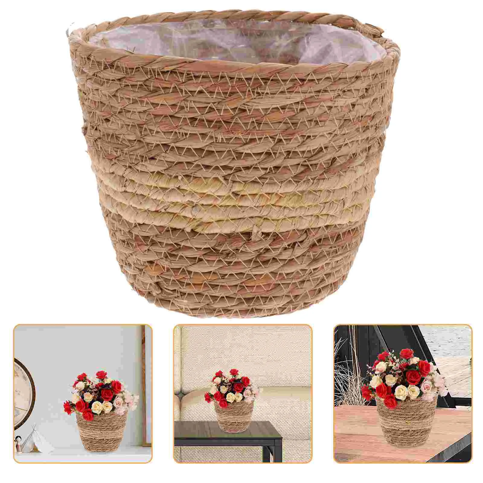 

Straw Flower Pot Indoor Plant Woven Basket Garbage Can with Liner Pe Film Baskets Garden Bride