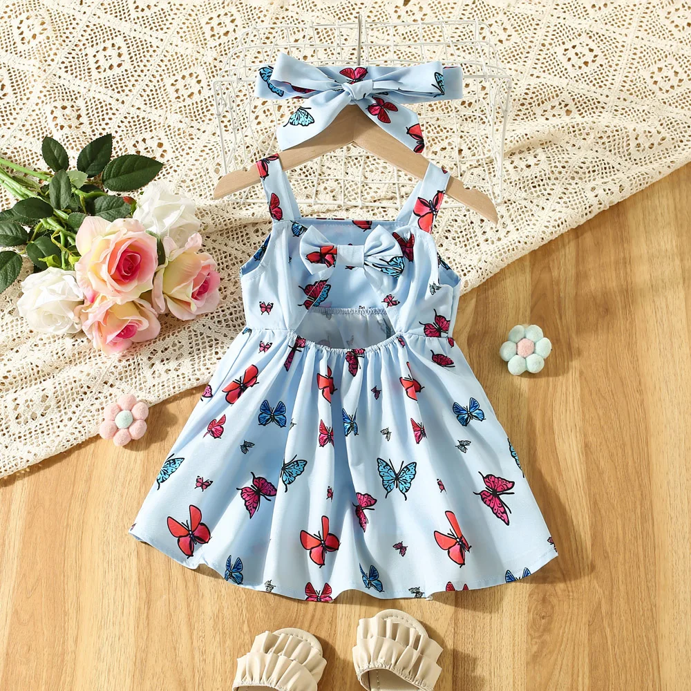 Summer Colorful Butterfly Printed Cotton Cloth Hanging Strap Baby Girl Dress Cute Bow Girl Princess Dress With Headband