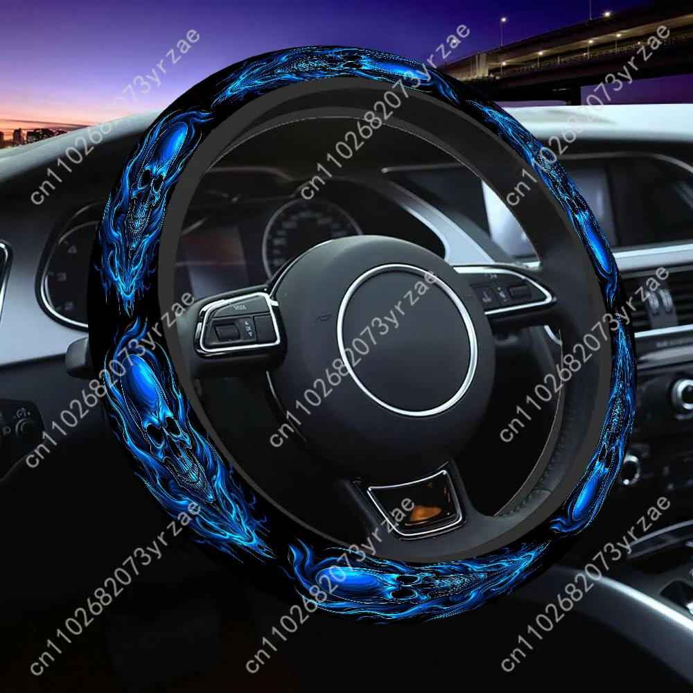 

Blue Flame Skull Car Steering Wheels Cover Universal Type Environmental Friendly Comfort Non-slip Breathable Steering Wheel Wrap