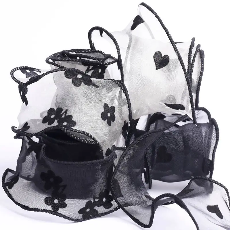 

Organza Ribbon Indian Embroidery Velvet Heart Flower Pattern 50Yards 6cm 60mm Handmade Bows Chiffon Fabric Wave Tulles DIY Rolls