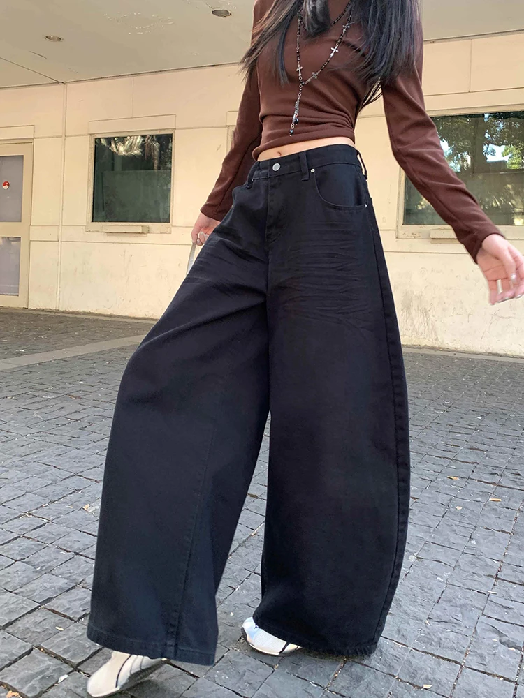 REDDACHiC Boyfriend Black Jeans Women Cleanfit Low Waist Whiskers Washed Loose Wide Leg Barrel Pants Vintage Grunge Streetwear