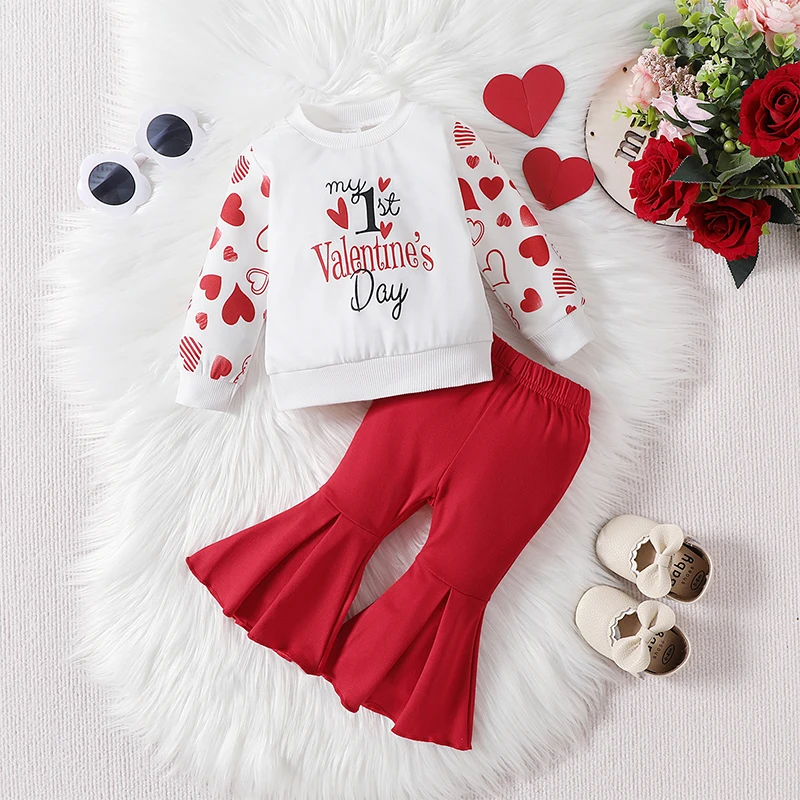 

Toddler Girl Heart Print Long Sleeve Shirt with Matching Solid Color Flare Pants Valentine s Day Outfit Set