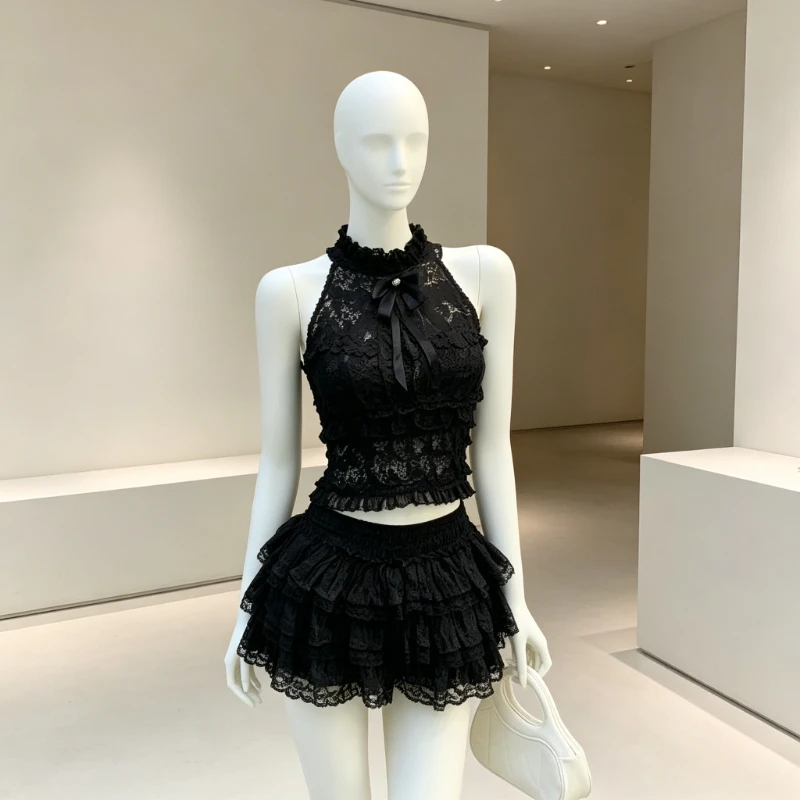 French Vintage Sleeveless Off-Shoulder Lace Solid Cami Top + Spliced Mini Skirt Two-Piece Set Women Elegant Bow Patchwork