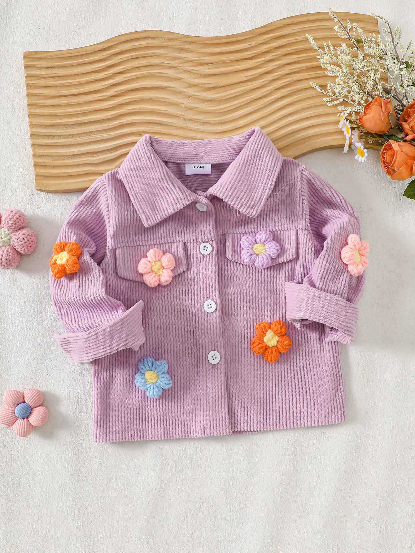 Corduroy 3D Crochet Flower Jacket for Baby Girls, Sweet Purple Long-Sleeved Buttoned Jacket, Versatile Princess Style for Spring and Autumn