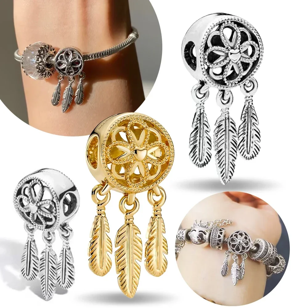 Charms 925 Sterling Silver Gold Divine Dream Catcher Tassel Fit Pandora Bracelet Necklace Women DIY Women for Jewelry Making