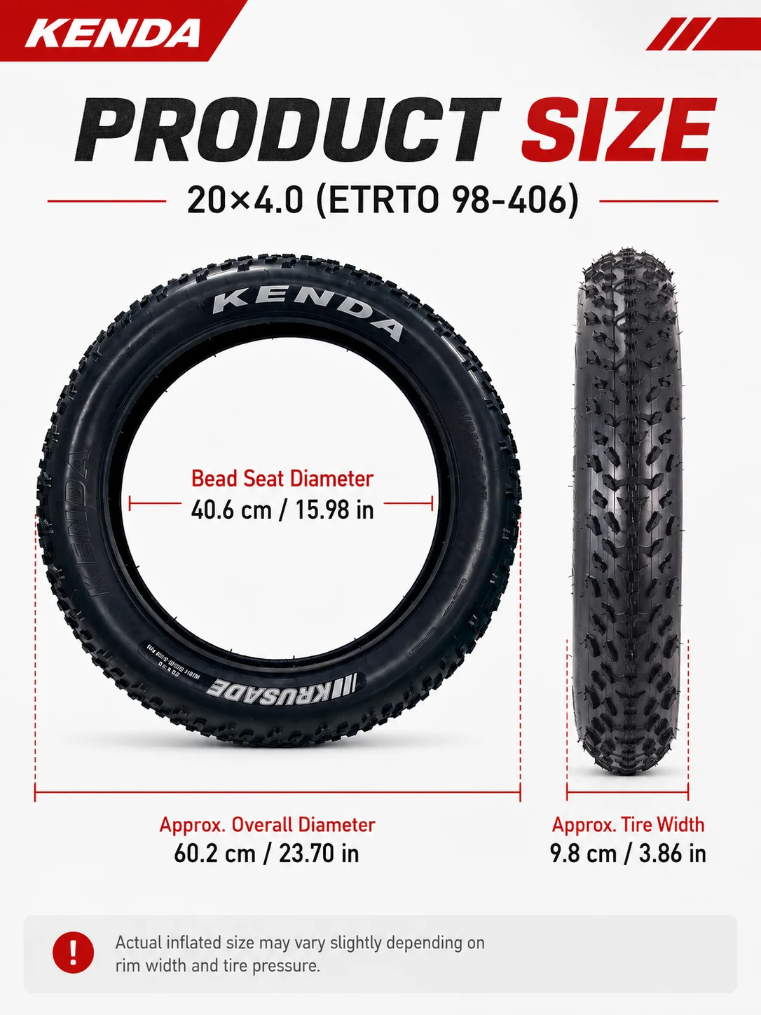 Kenda K1188 Krusade Fat Tire 20x4.0 Fahrradreifen 20"x4.00 Drahtreifen SRC Schwarz Fatbike-Reifen für MTB Schnee Strand Offroad – Detail 6