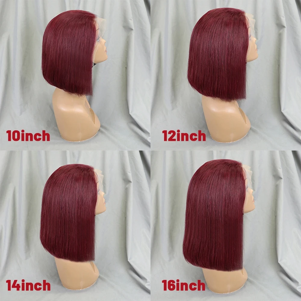 Burgundy 16 Inch 200% Density Straight Bob Wig Transparent 13x4 Lace Frontal Wigs Brazilian Remy Human Hair Wigs for Black Women