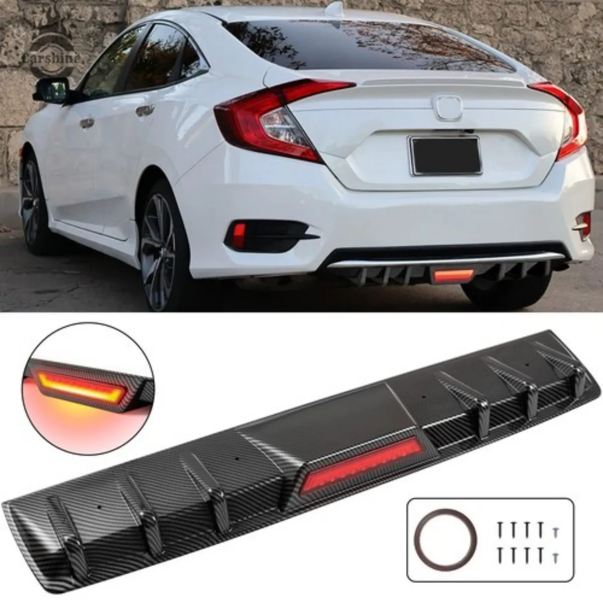 For Honda Civic Lower Rear Bumper Diffuser Lip with LED Tail Brake Stop Light
