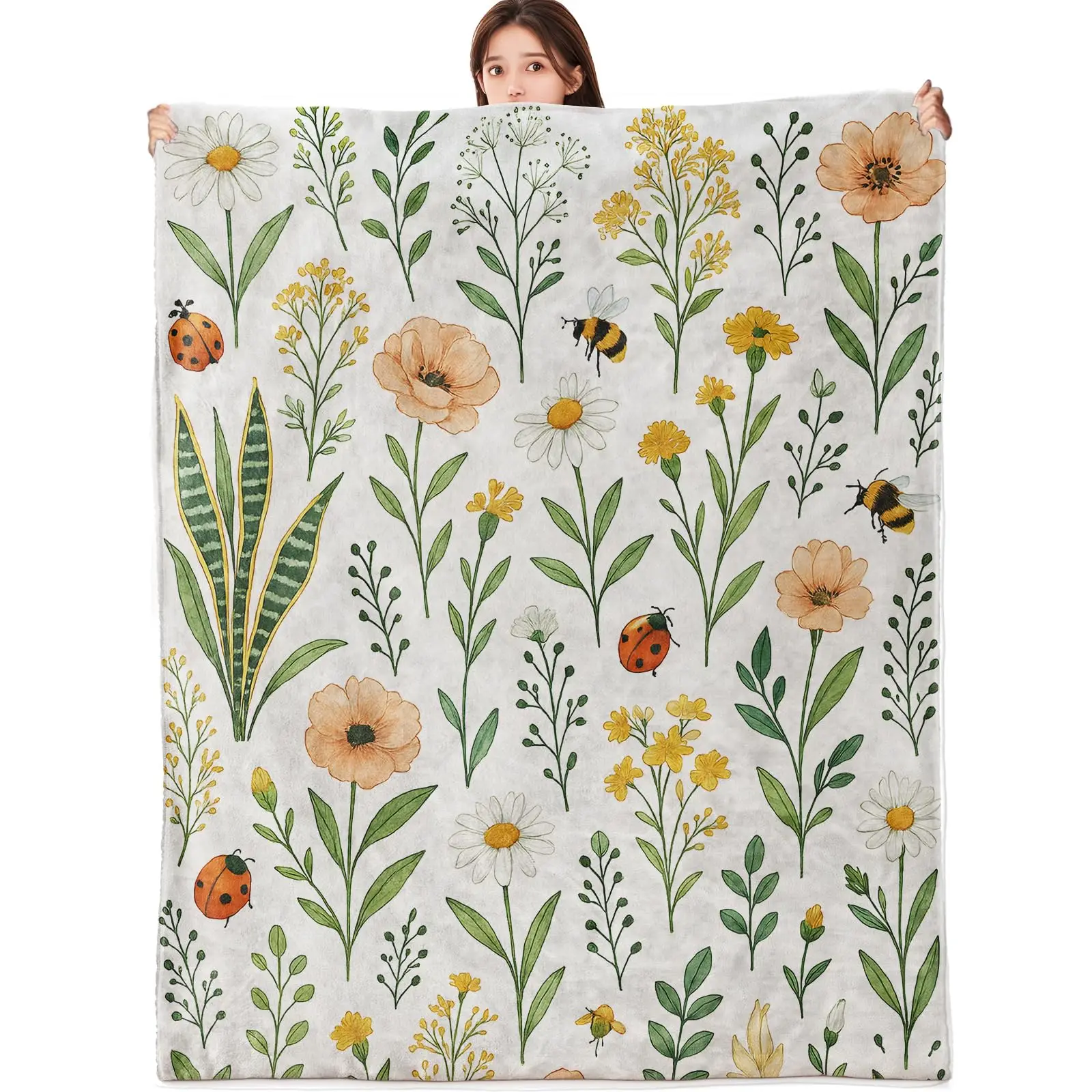 Leaf Throw Blanket, Soft Flannel Cozy Botanical Plant Fern Wildflower Blanket for Bed Couch Sofa Room Office Travel Home Decor