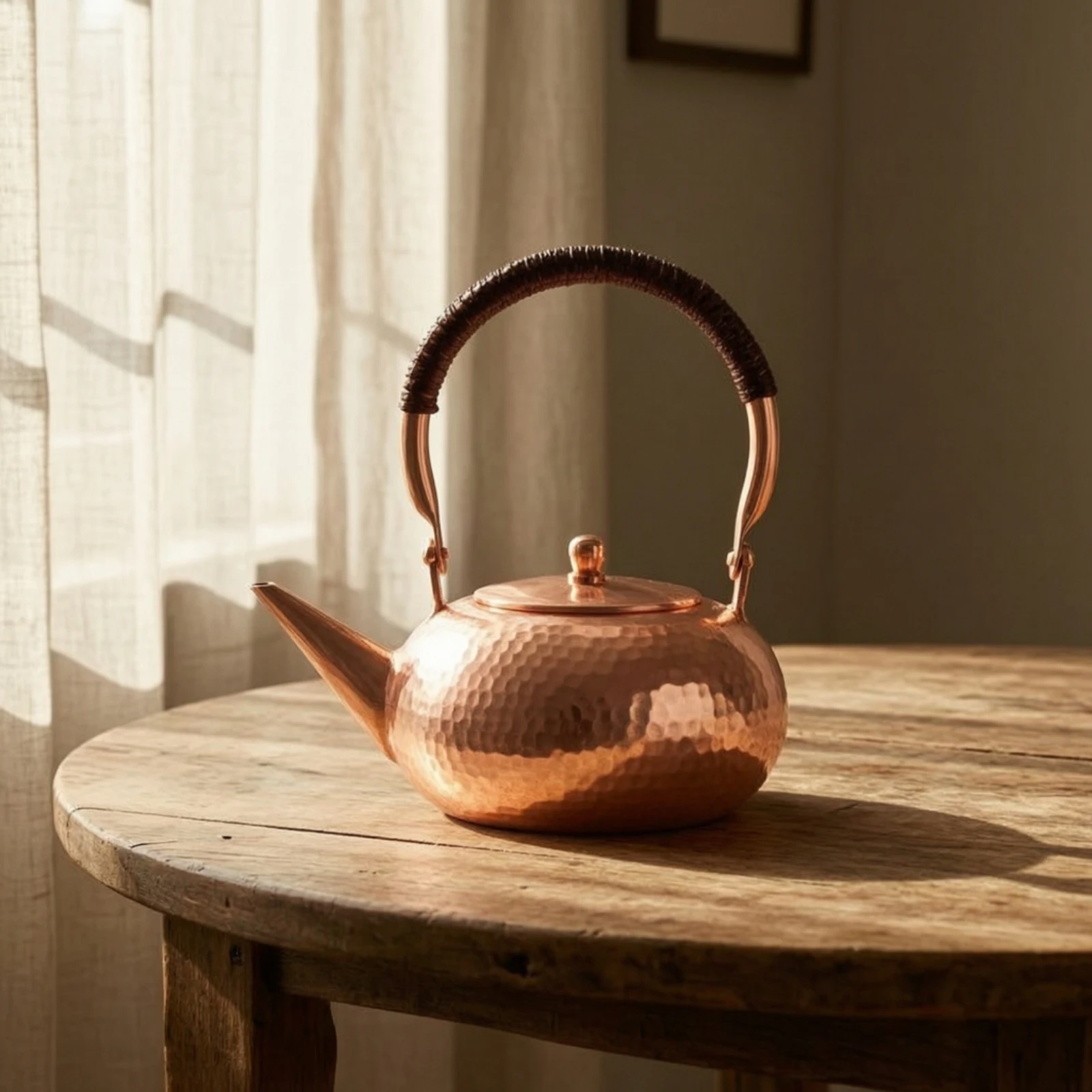 Hammered Copper Tea Kettle Thick Copper Tea Kettle Teapot with Wrapped Handle Uncoated Hammered Teapot No Coating for Collectors