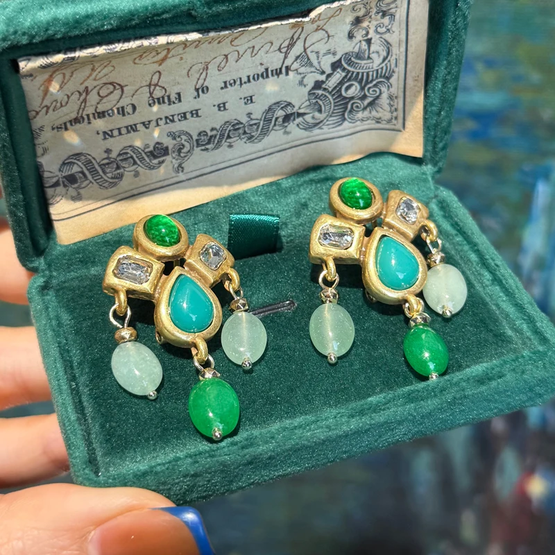 Vintage-Schmuck, Imitation Jade, Tropfen-Ohrringe für Damen, Quasten, Wassertropfen, grüner Naturstein, goldfarben, antiker Designer-Schmuck für Damen 2026